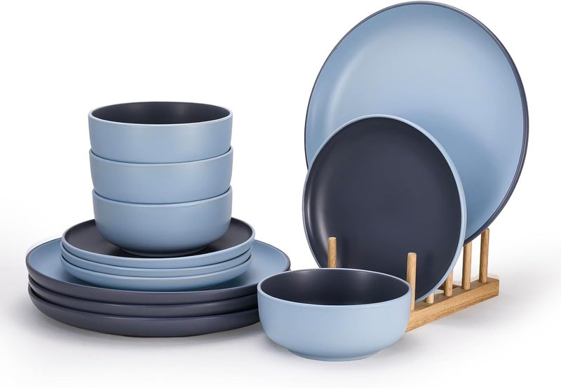 Shallow طقم عشاء نوردك ضحل مكون من 12 قطعة باللون الأزرق الأنيق | 4 أطباق عشاء 10.5 بوصة، 4 أطباق جانبية 7.5 بوصة و 4 سلطانيات عميقة 5.5 بوصة - Image 1